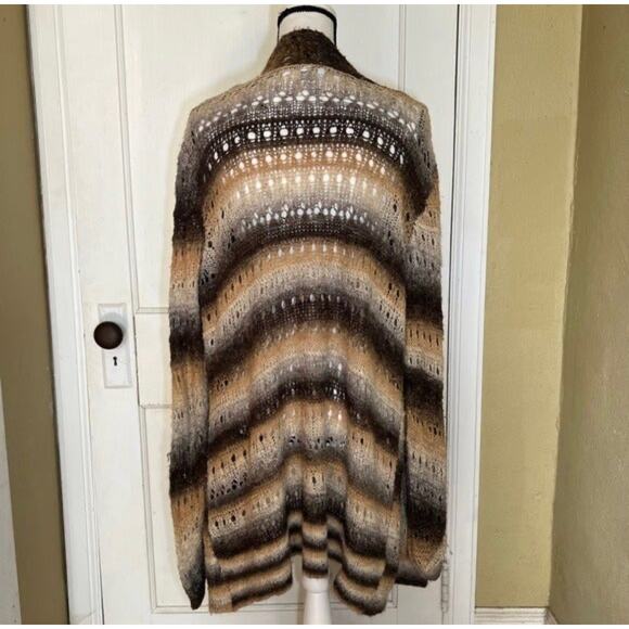 Black, Cream, Gray Open Front Neutral Striped Knit Crochet Cardigan Sweater 1X - Picture 2 of 10